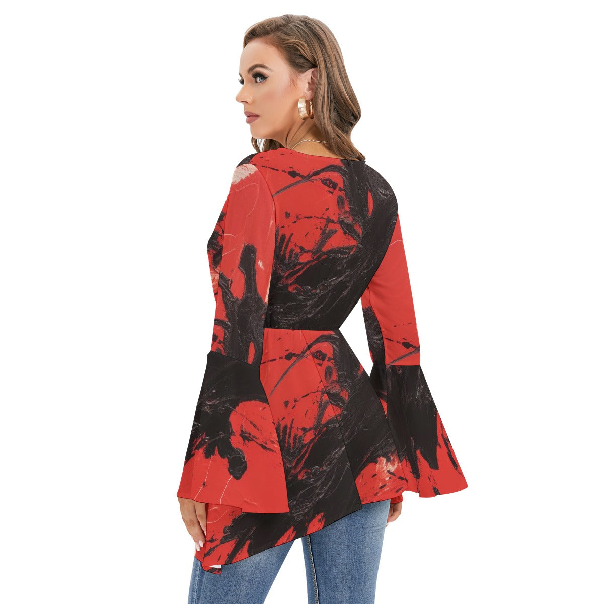 All-Over Print Women's V-neck Blouse With Flared Sleeves