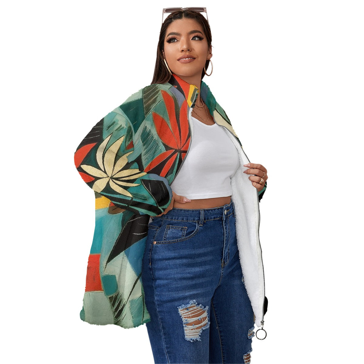 All-Over Print Unisex Borg Fleece Stand-up Collar Coat With Zipper Closure(Plus Size)