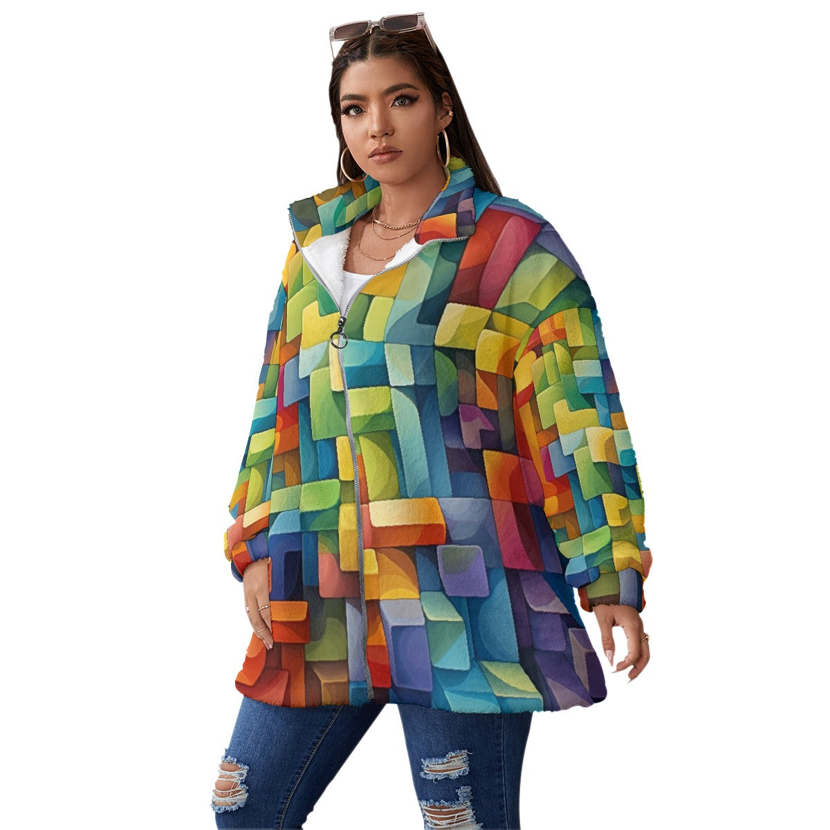 All-Over Print Unisex Borg Fleece Stand-up Collar Coat With Zipper Closure(Plus Size)