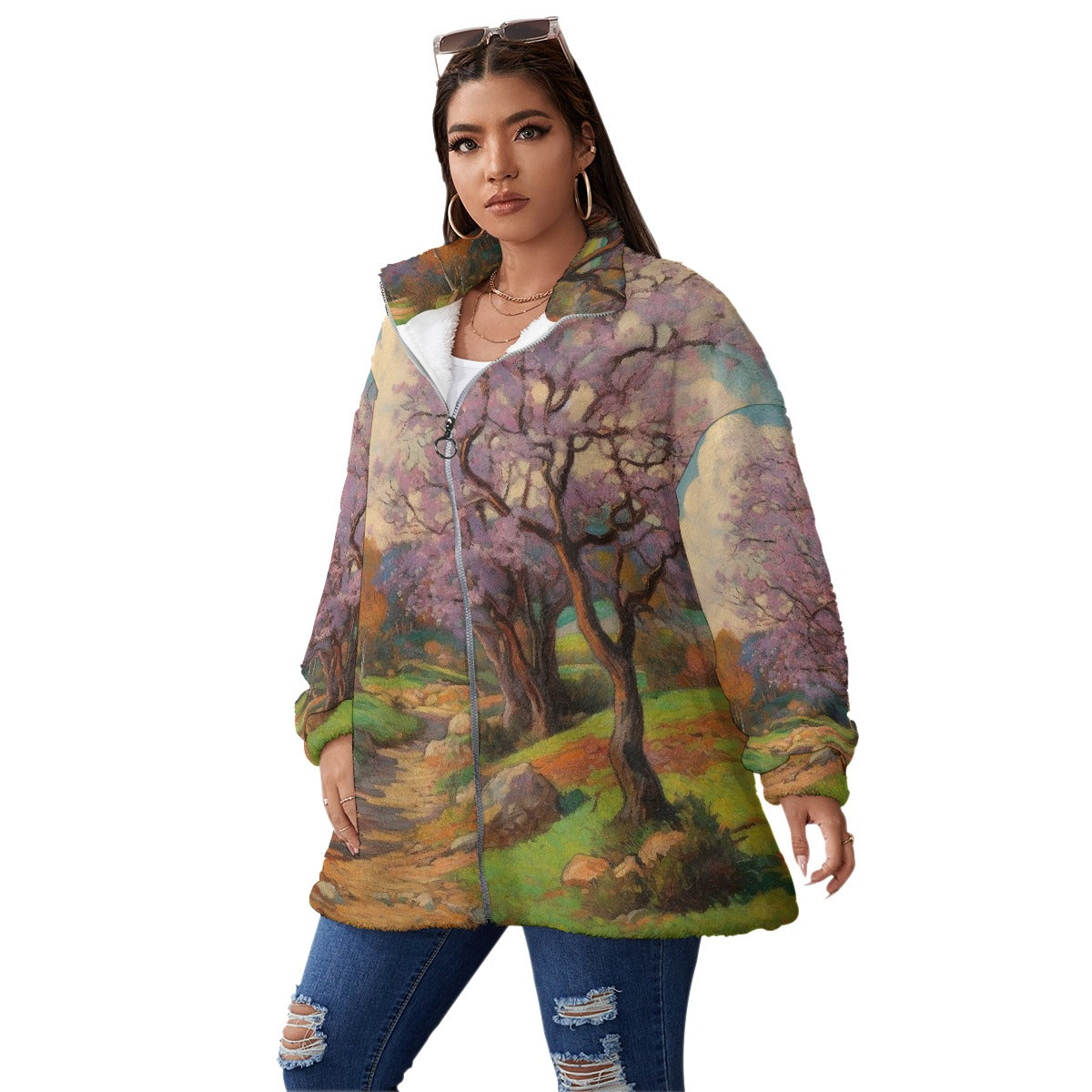 All-Over Print Unisex Borg Fleece Stand-up Collar Coat With Zipper Closure(Plus Size)