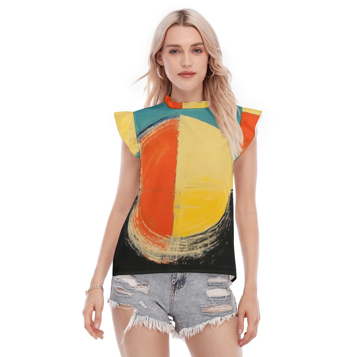 All-Over Print Women's Blouse With Ruffle Collar And Sleeve