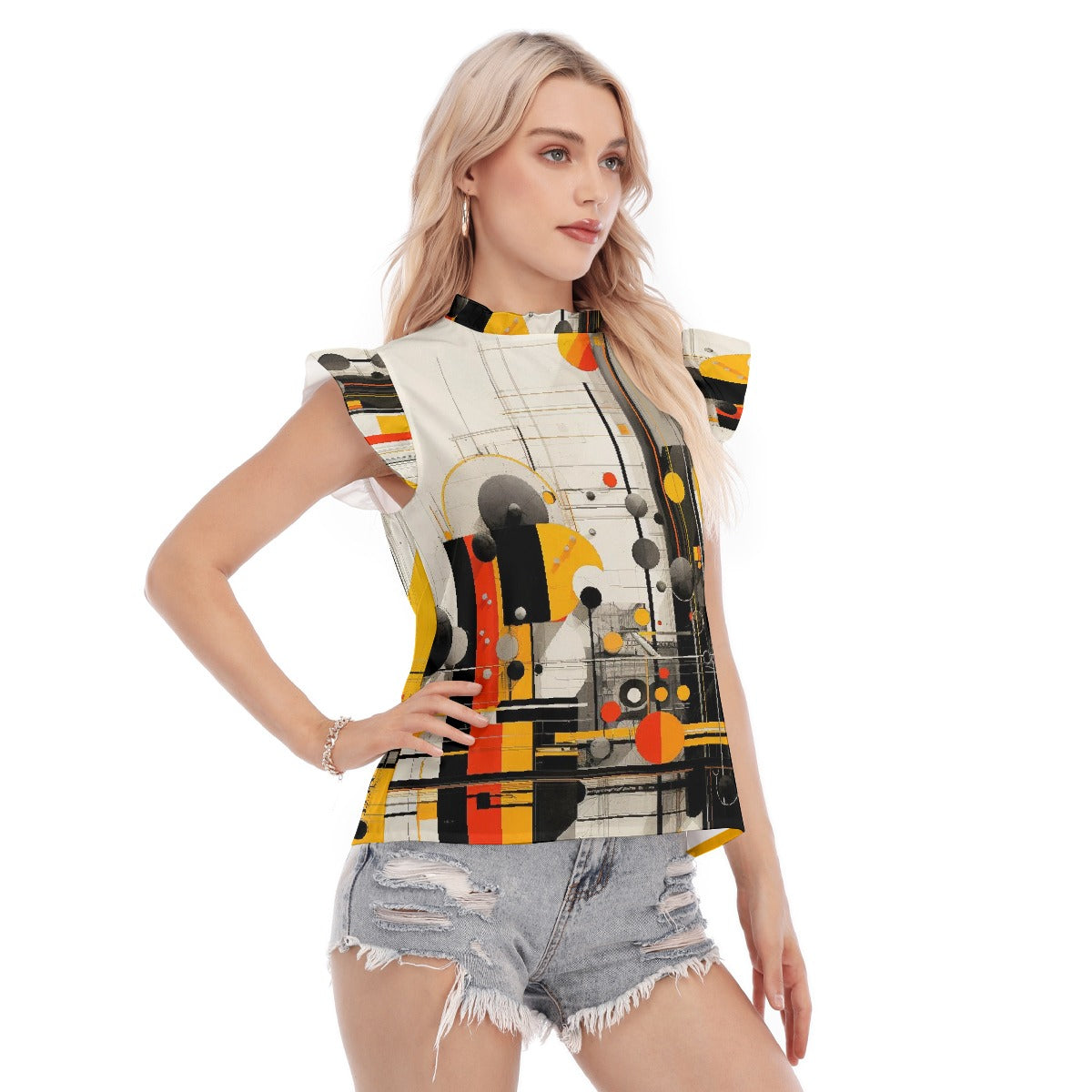 All-Over Print Women's Blouse With Ruffle Collar And Sleeve