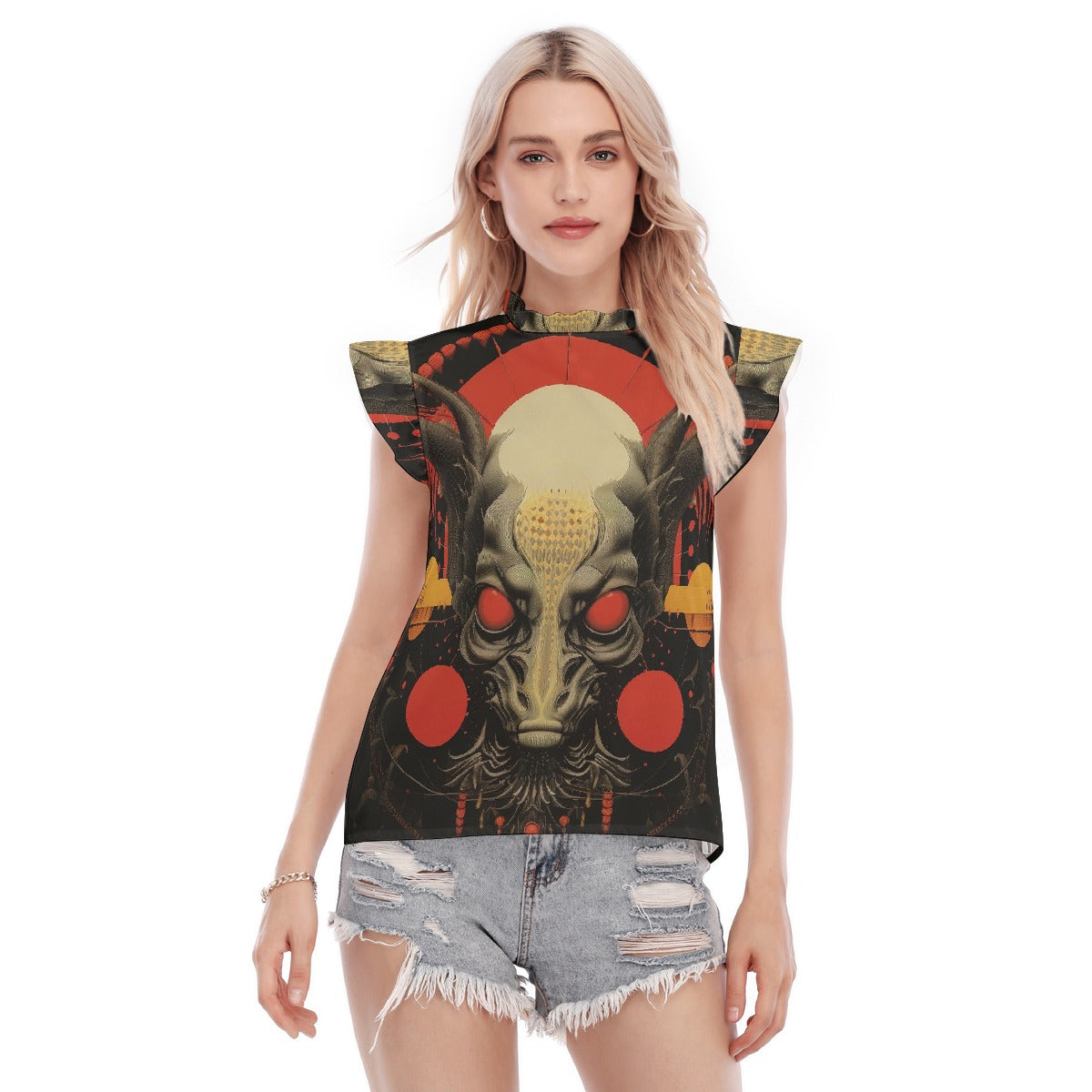 All-Over Print Women's Blouse With Ruffle Collar And Sleeve