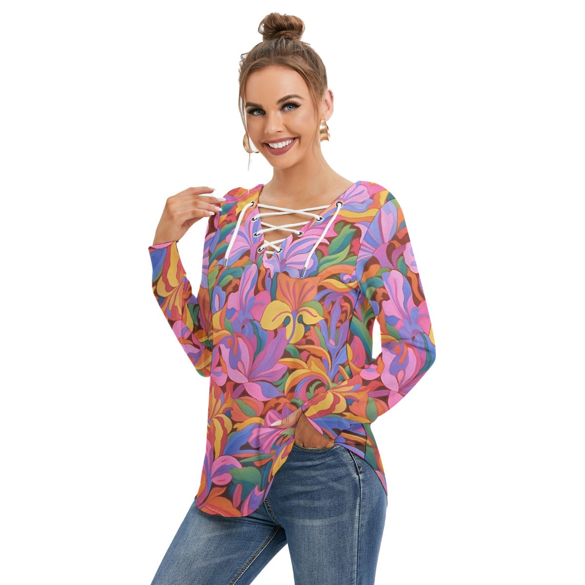 All-Over Print Women's Long Sleeve Neckline Tie Sweatshirt