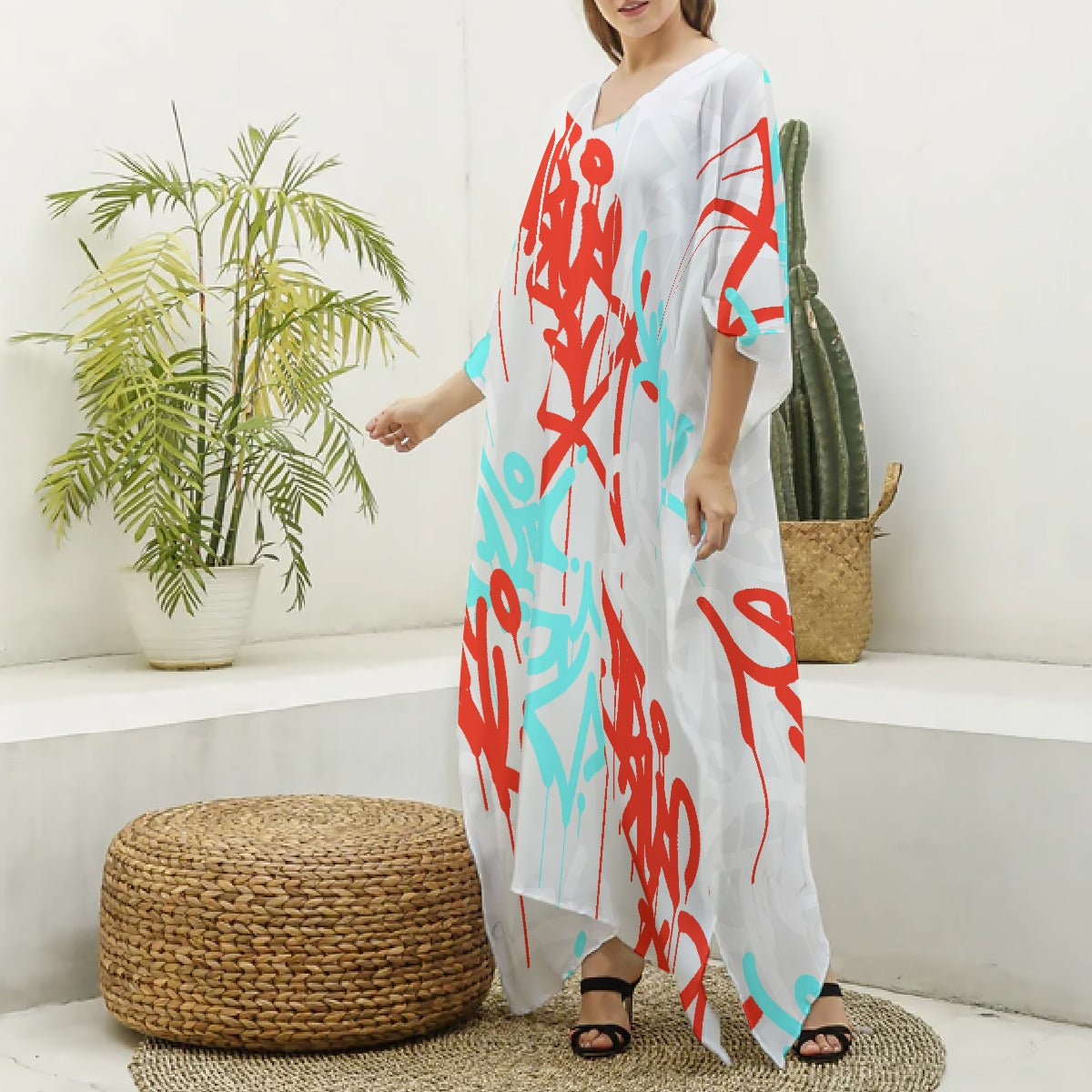 All-Over Print Women's Imitation Silk V-neck Kaftan Robe