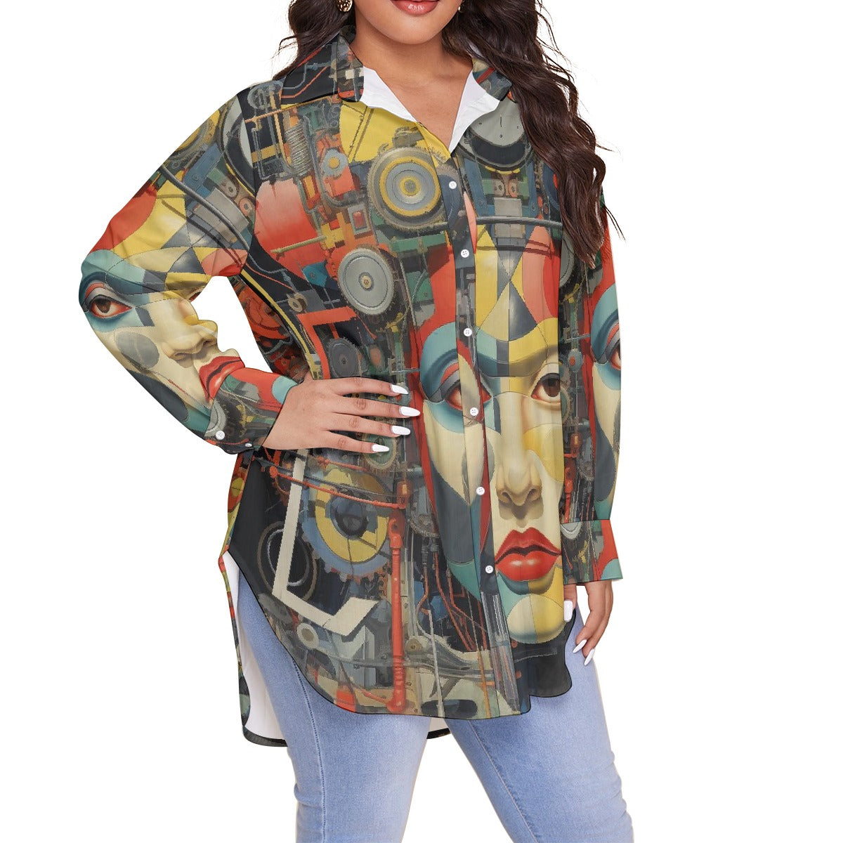 All-Over Print Women's Shirt With Long Sleeve(Plus Size)
