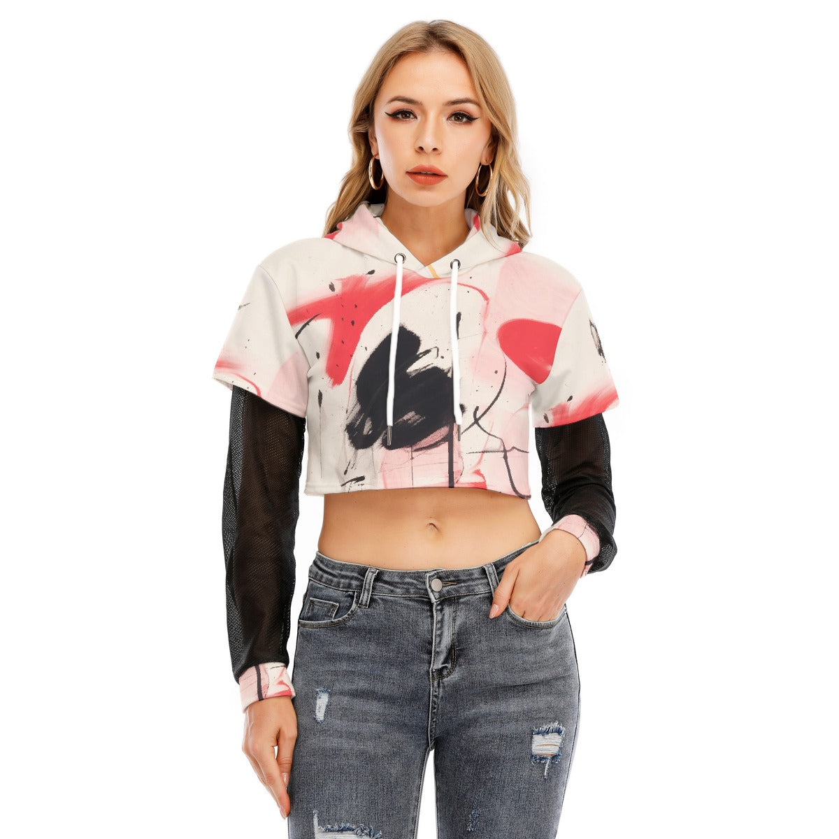 All-Over Print Women's Fake Two-piece Mesh Sleeve Cropped Hoodie