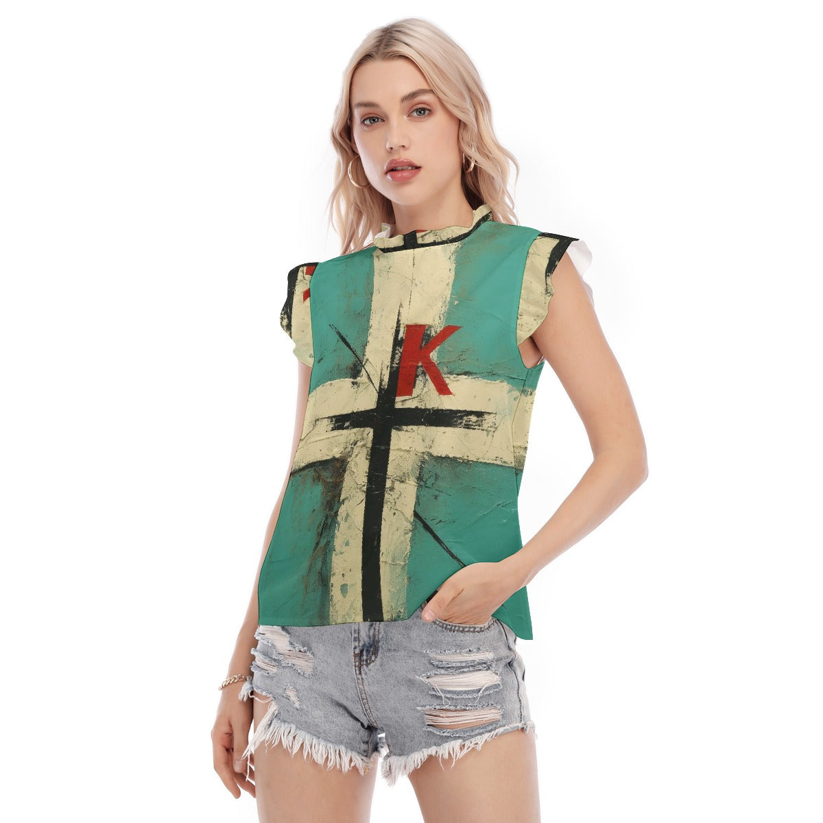 All-Over Print Women's Blouse With Ruffle Collar And Sleeve