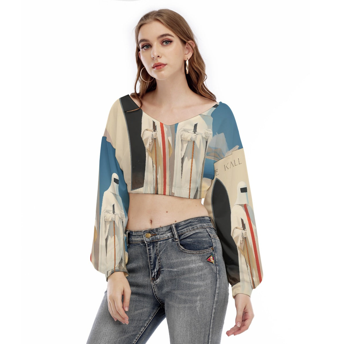All-Over Print Women's V-neck Long Sleeve Cropped Sweatshirt