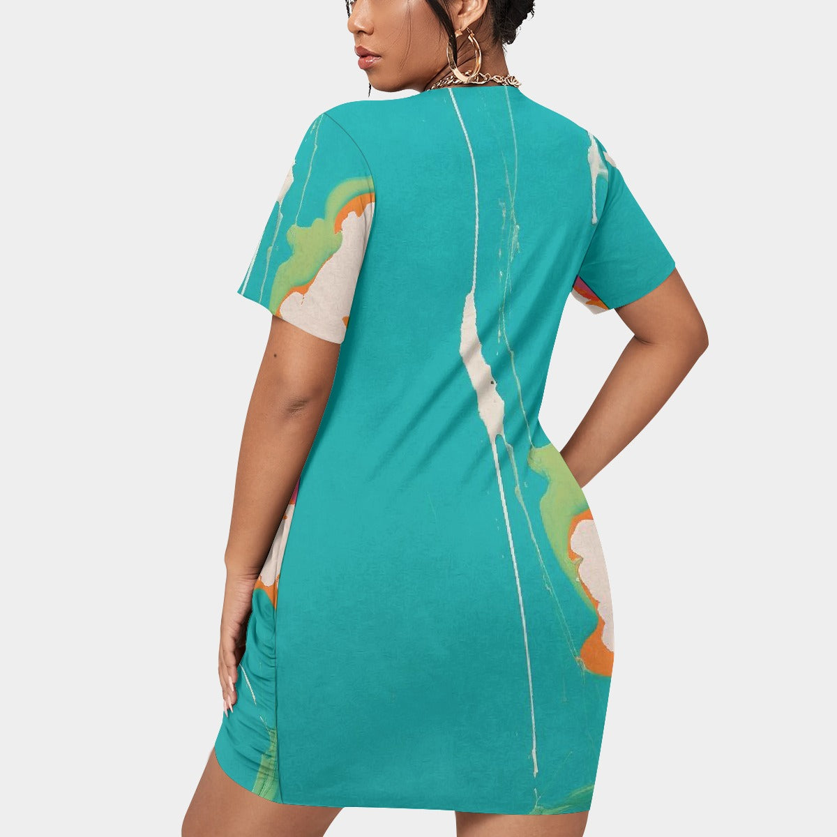 All-Over Print Women’s Stacked Hem Dress With Short Sleeve（Plus Size）