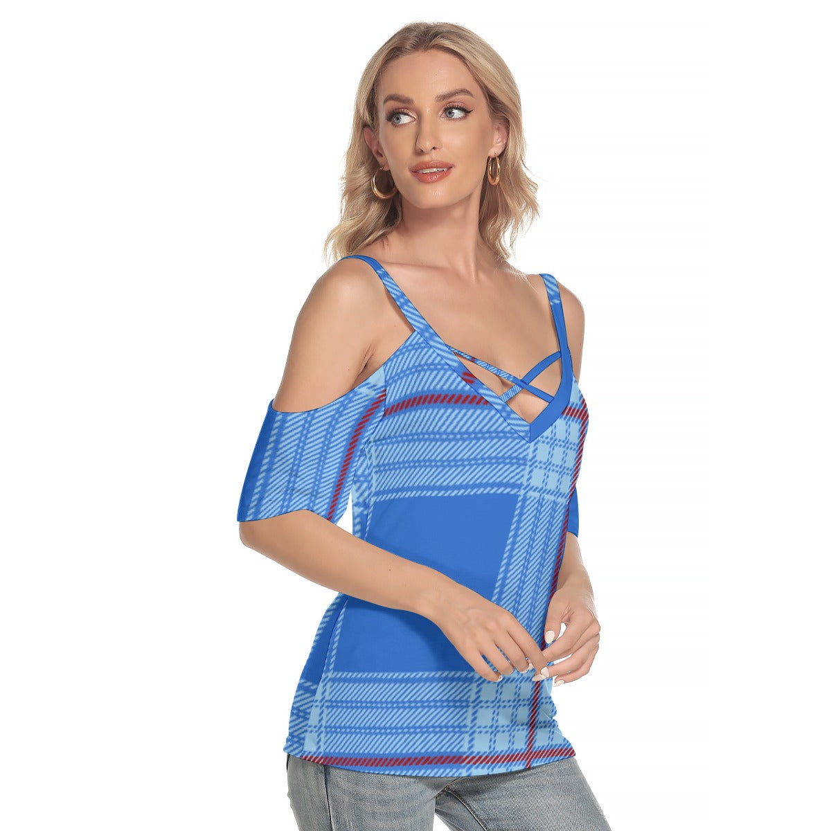 All-Over Print Women's Cold Shoulder T-shirt With Criss Cross Strips