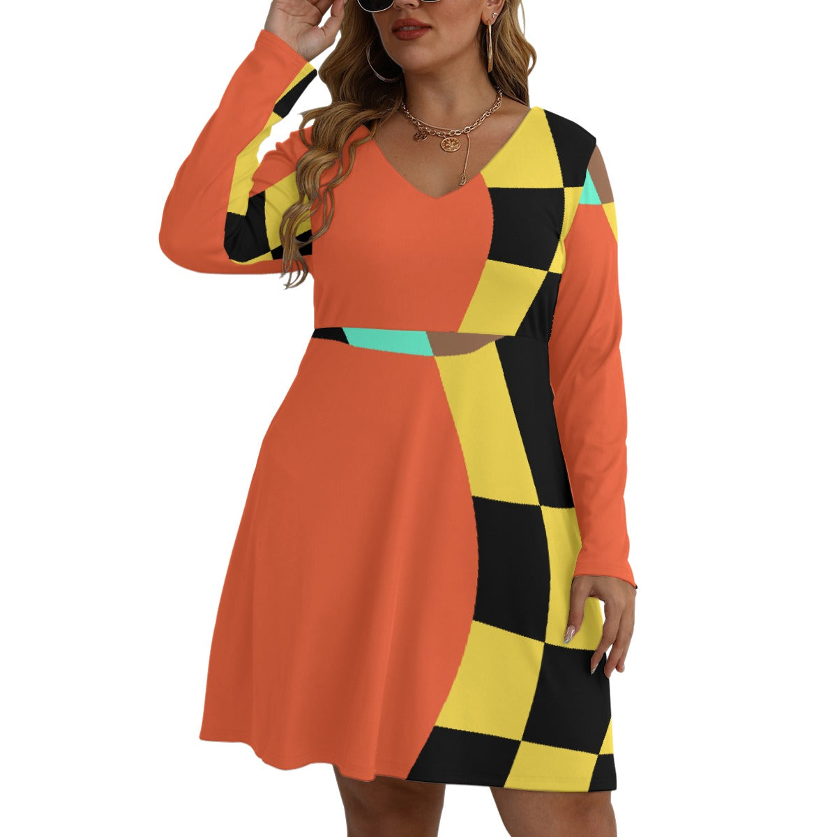 All-Over Print Women's V-neck Long Sleeve Dress(Plus Size)