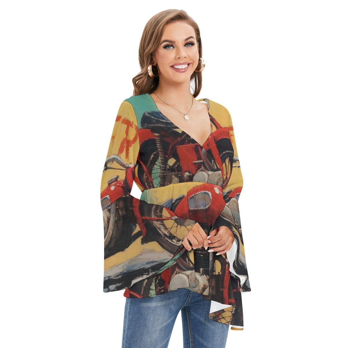 All-Over Print Women's V-neck Blouse With Flared Sleeves