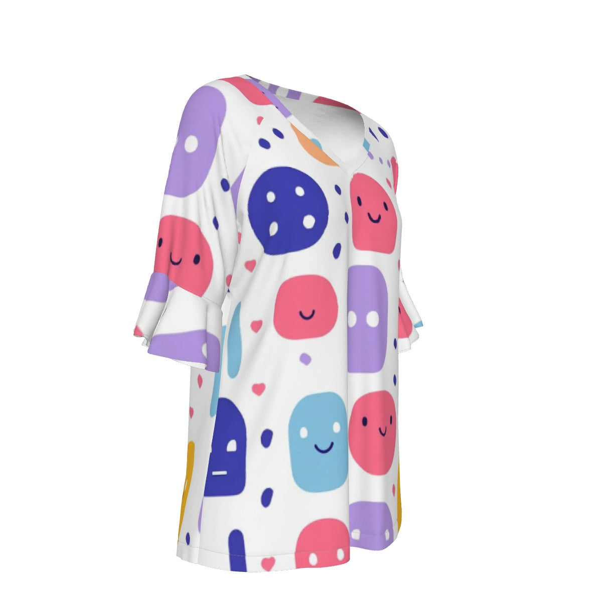 All-Over Print V-neck Women's T-shirt With Bell Sleeve