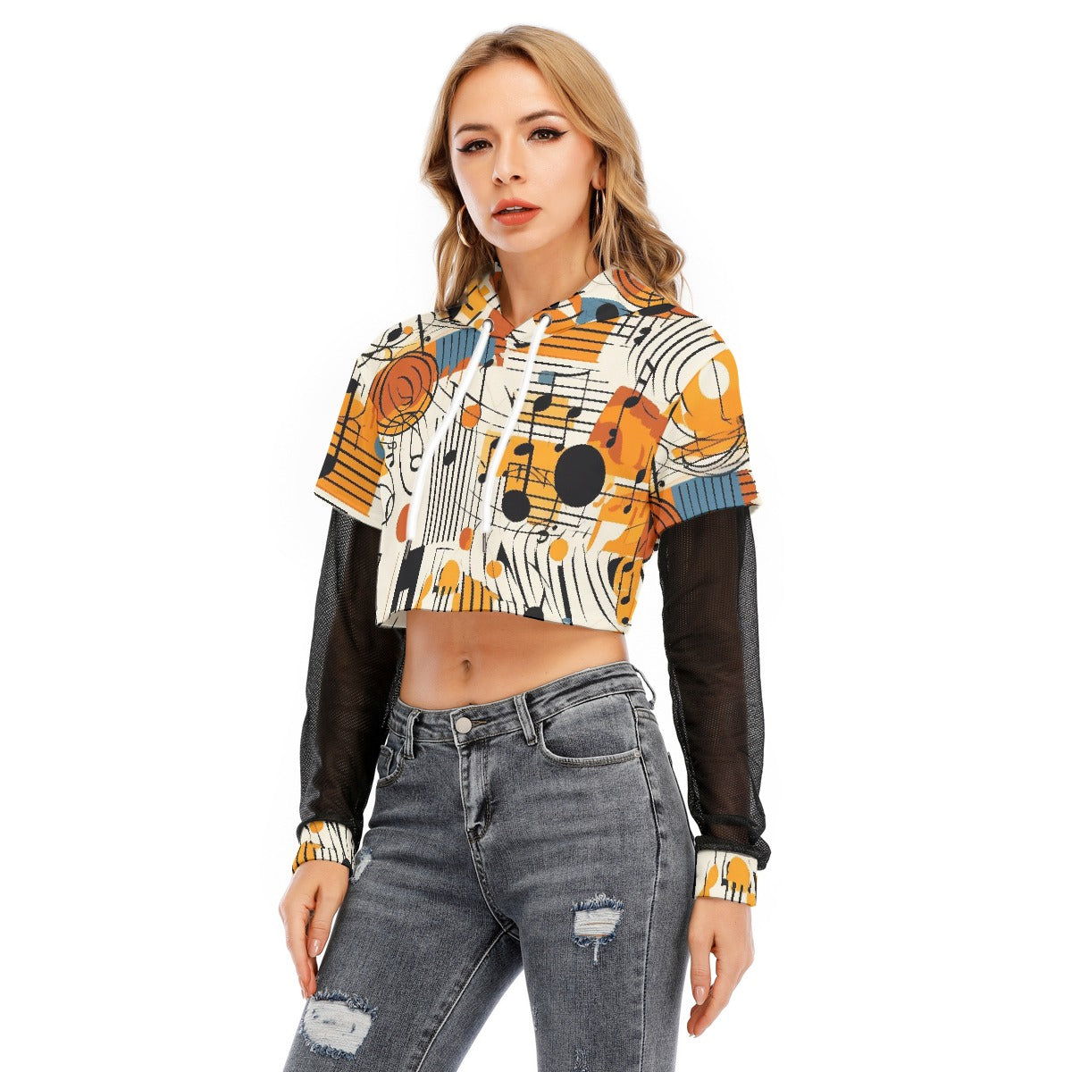 All-Over Print Women's Fake Two-piece Mesh Sleeve Cropped Hoodie