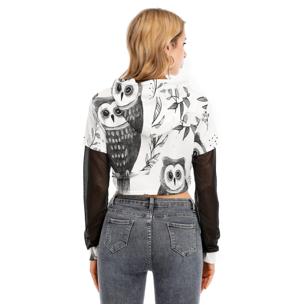 All-Over Print Women's Fake Two-piece Mesh Sleeve Cropped Hoodie