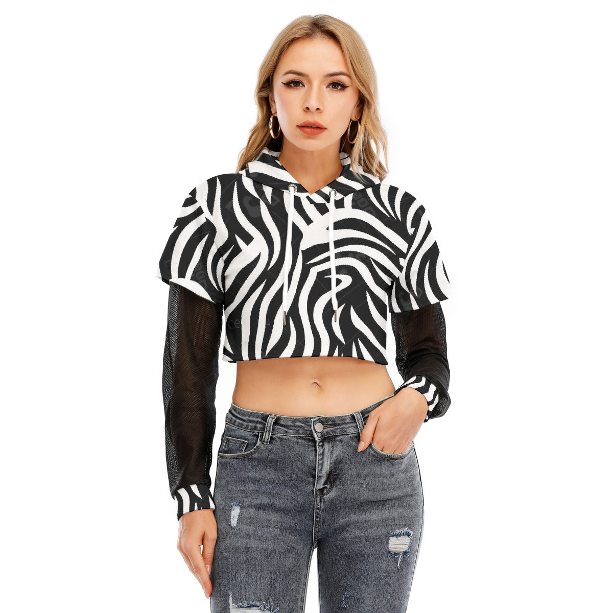 All-Over Print Women's Fake Two-piece Mesh Sleeve Cropped Hoodie