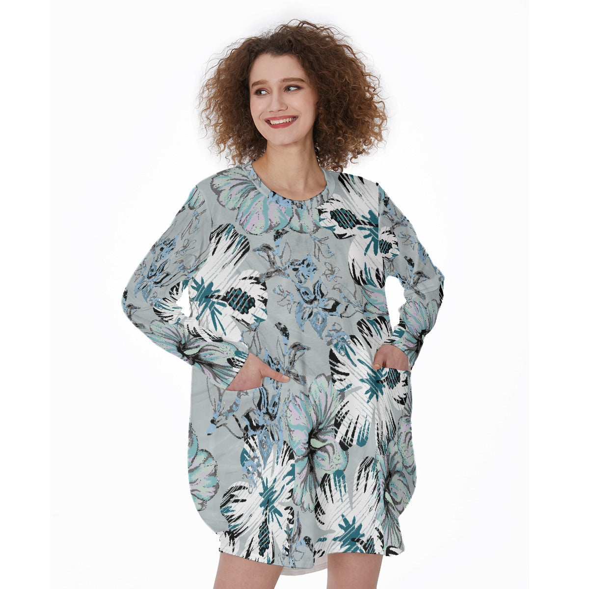 All-Over Print Women's Casual Loose Long Sleeve Dress With Pocket
