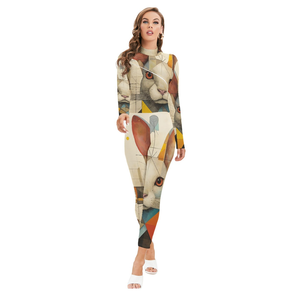 All-Over Print Women's Long-sleeved High-neck Jumpsuit With Zipper