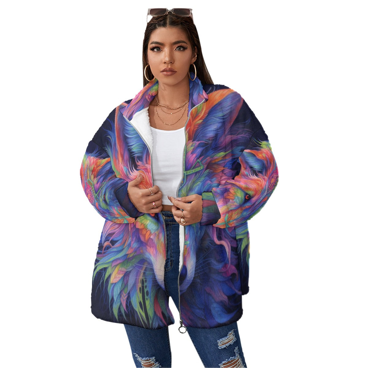All-Over Print Unisex Borg Fleece Stand-up Collar Coat With Zipper Closure(Plus Size)