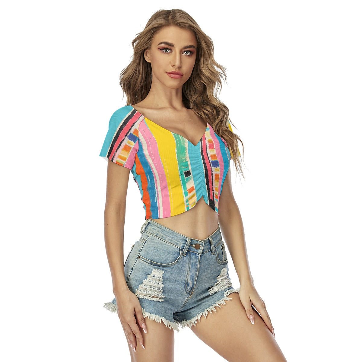 All-Over Print Women's Raglan Drawstring Front  Crop Tee