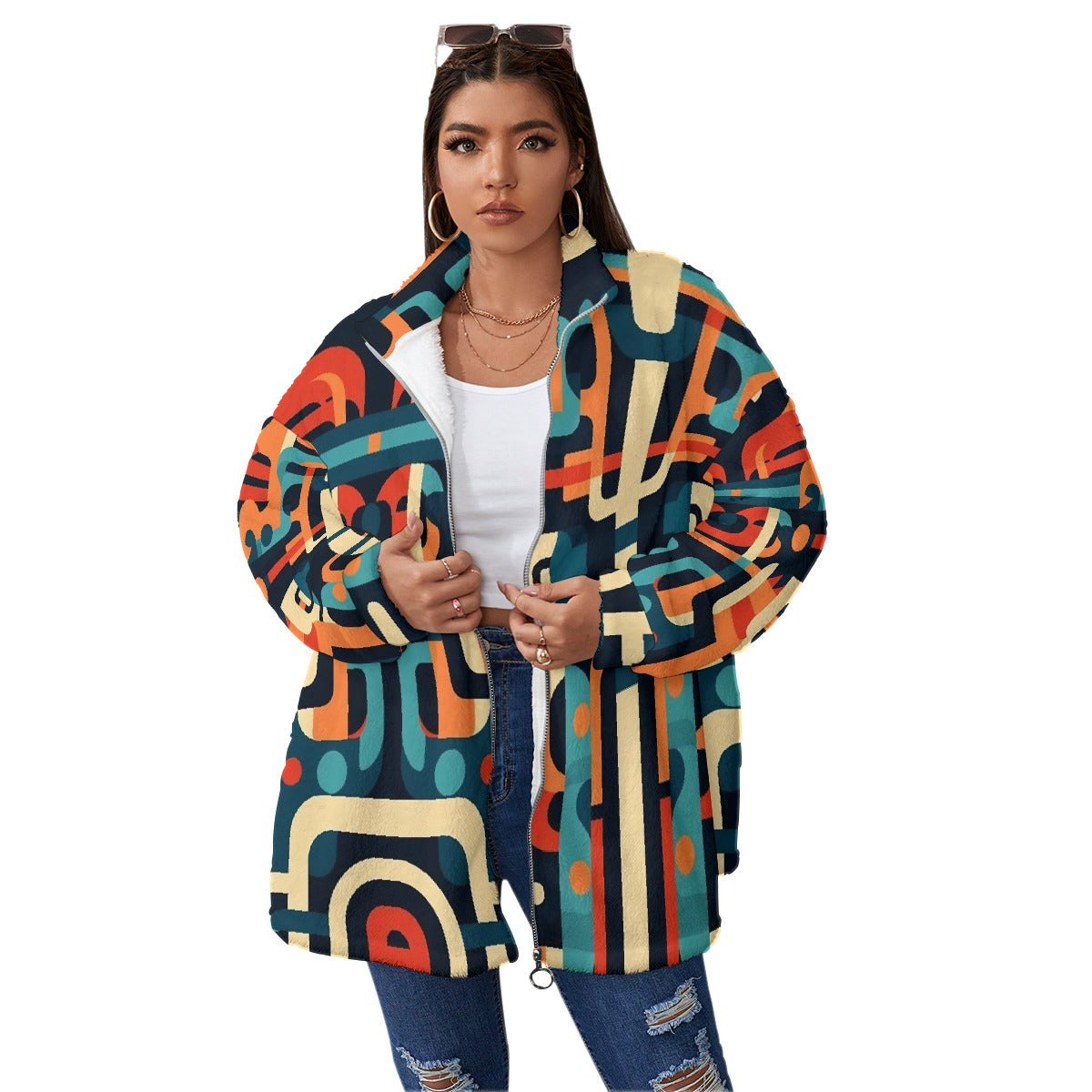 All-Over Print Unisex Borg Fleece Stand-up Collar Coat With Zipper Closure(Plus Size)