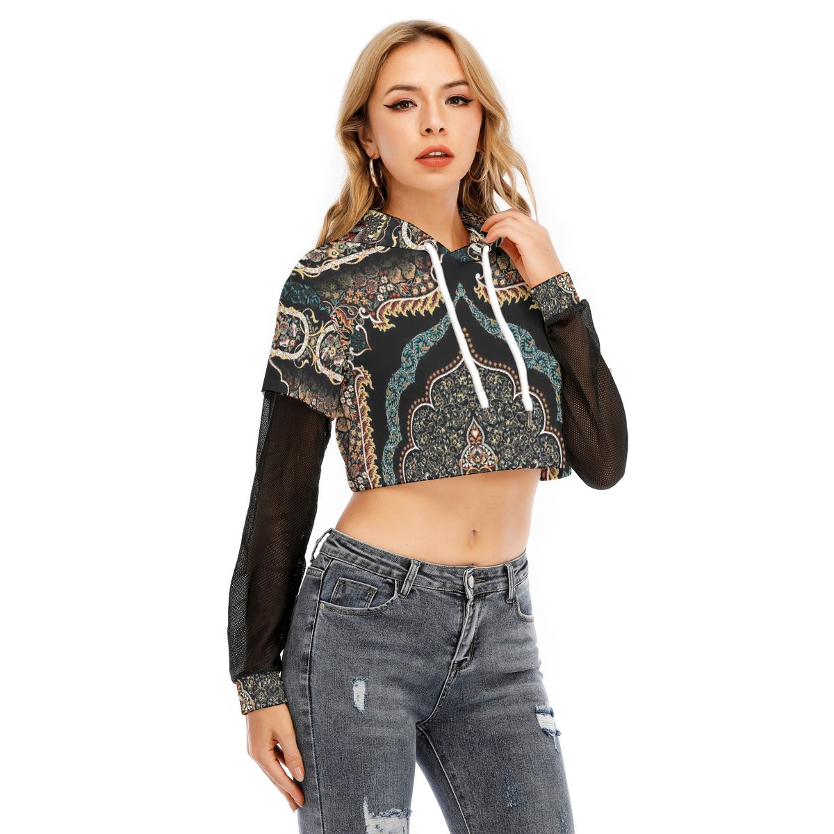 All-Over Print Women's Fake Two-piece Mesh Sleeve Cropped Hoodie
