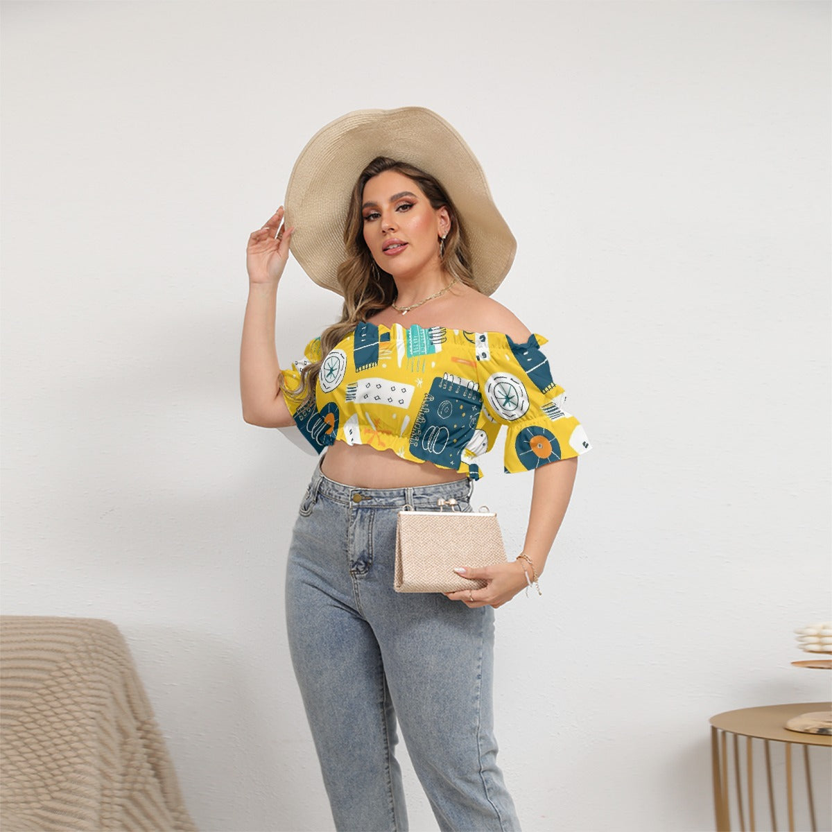All-Over Print Women's Off-shoulder Cropped Top With Short Puff Sleeve