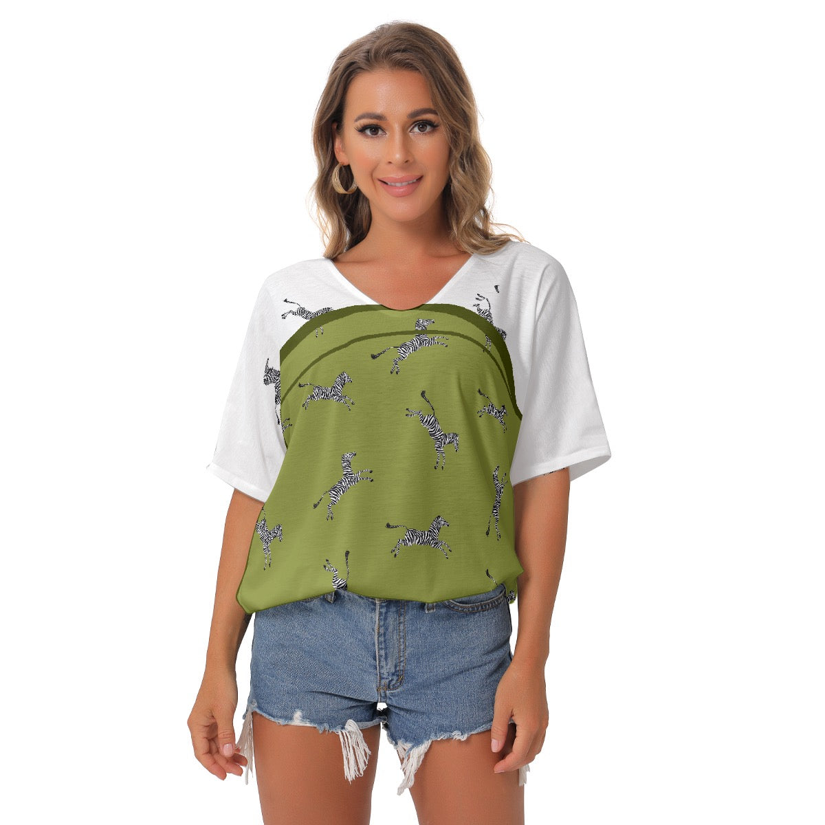 All-Over Print Women's Bat Sleeves V-Neck Blouse