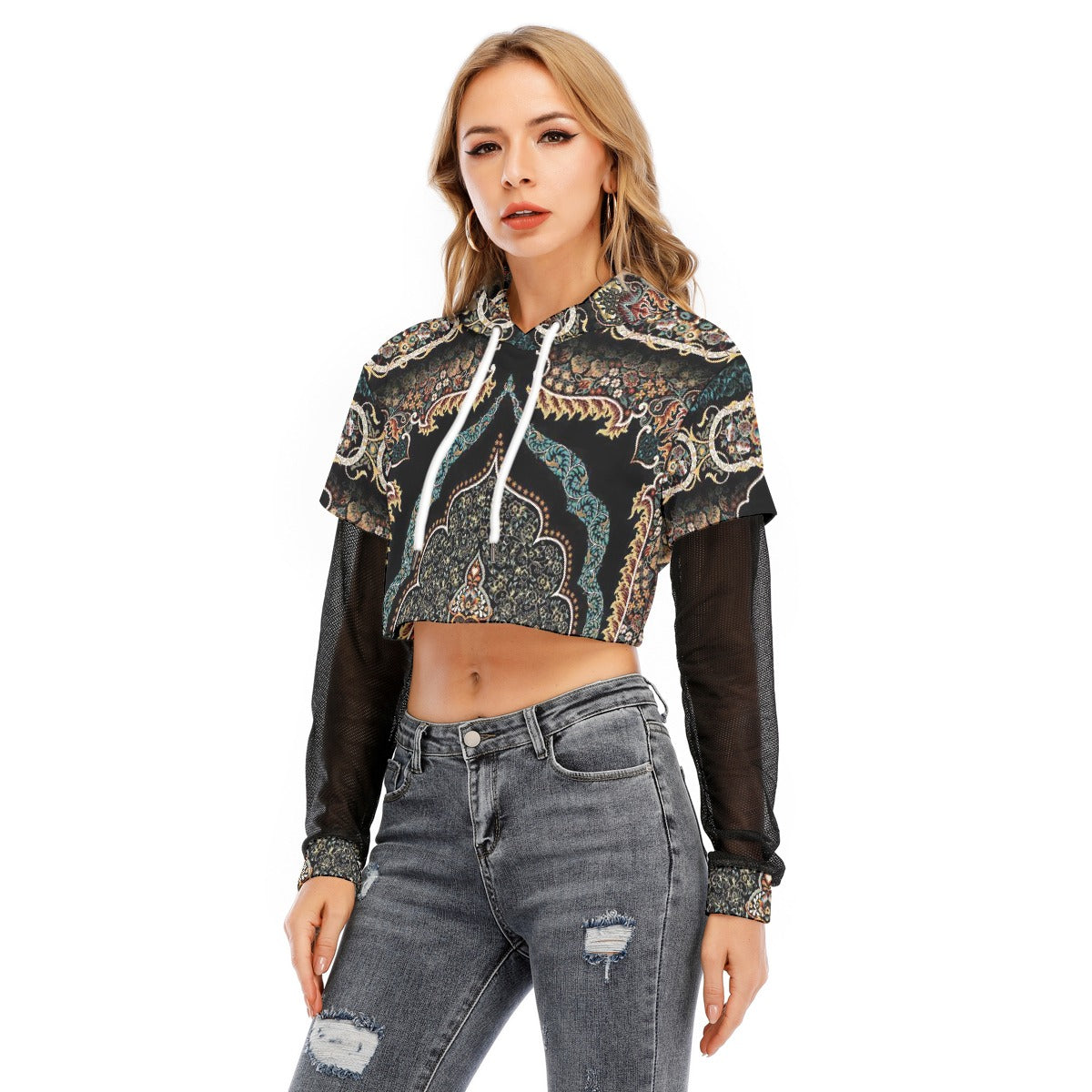 All-Over Print Women's Fake Two-piece Mesh Sleeve Cropped Hoodie