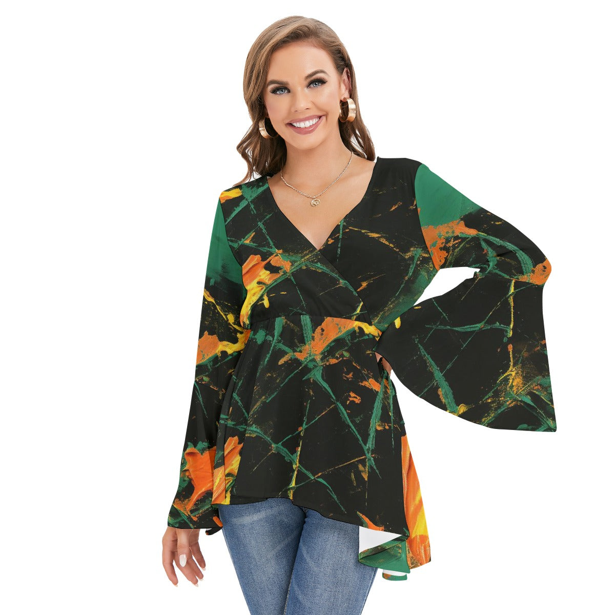 All-Over Print Women's V-neck Blouse With Flared Sleeves