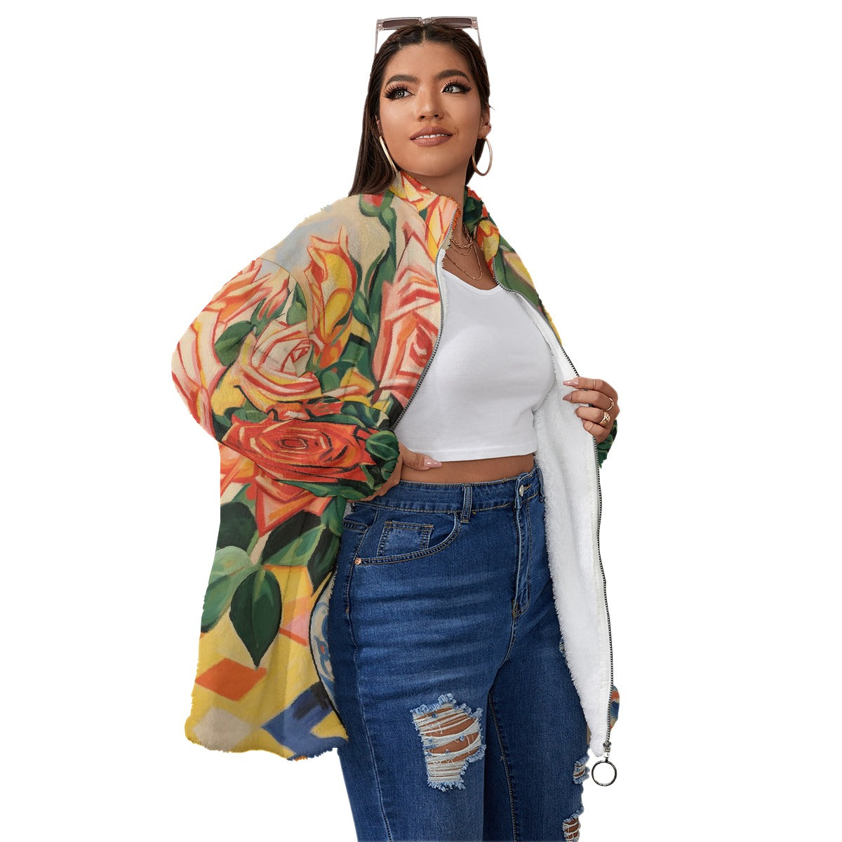 All-Over Print Unisex Borg Fleece Stand-up Collar Coat With Zipper Closure(Plus Size)