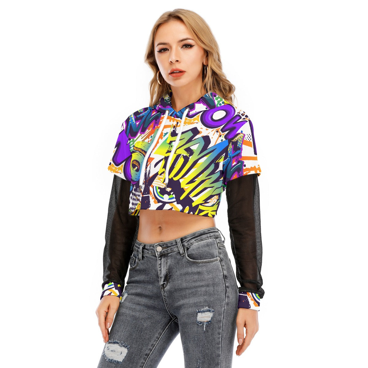 All-Over Print Women's Fake Two-piece Mesh Sleeve Cropped Hoodie