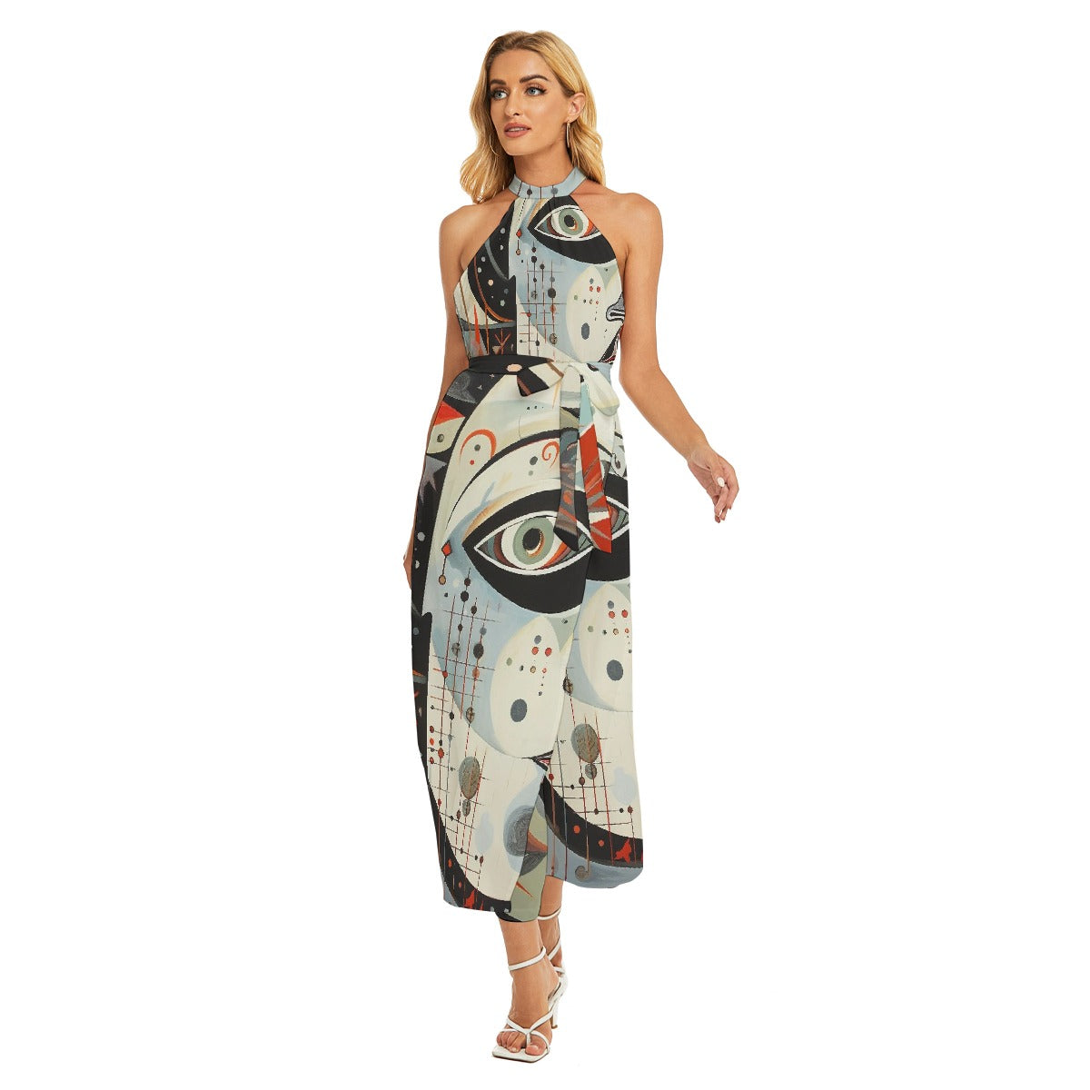 All-Over Print Women's Wrap Hem Belted Halter Dress