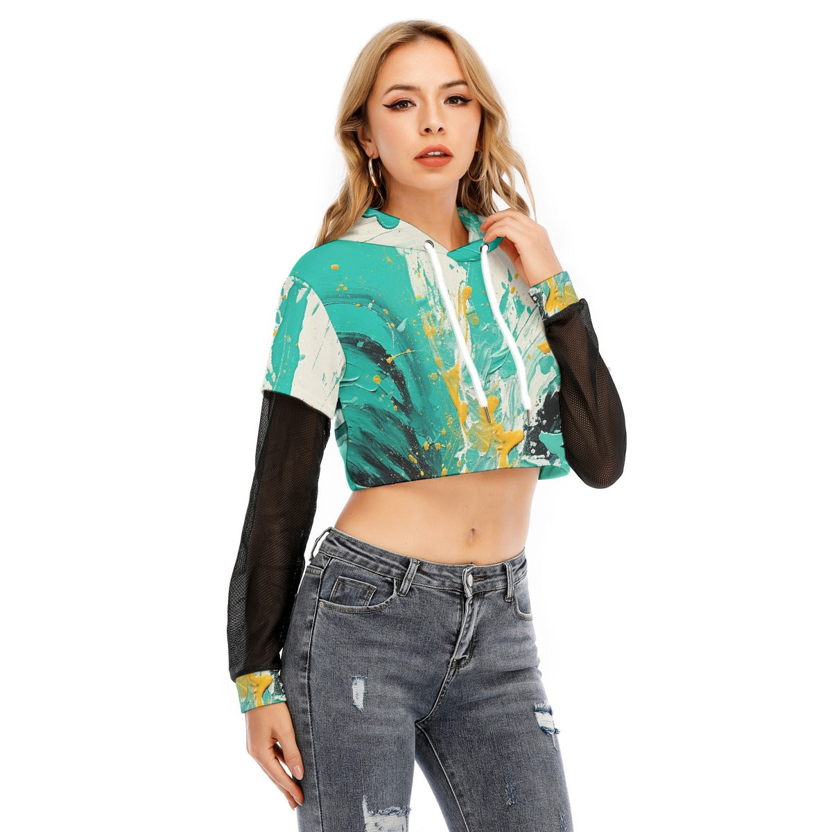 All-Over Print Women's Fake Two-piece Mesh Sleeve Cropped Hoodie