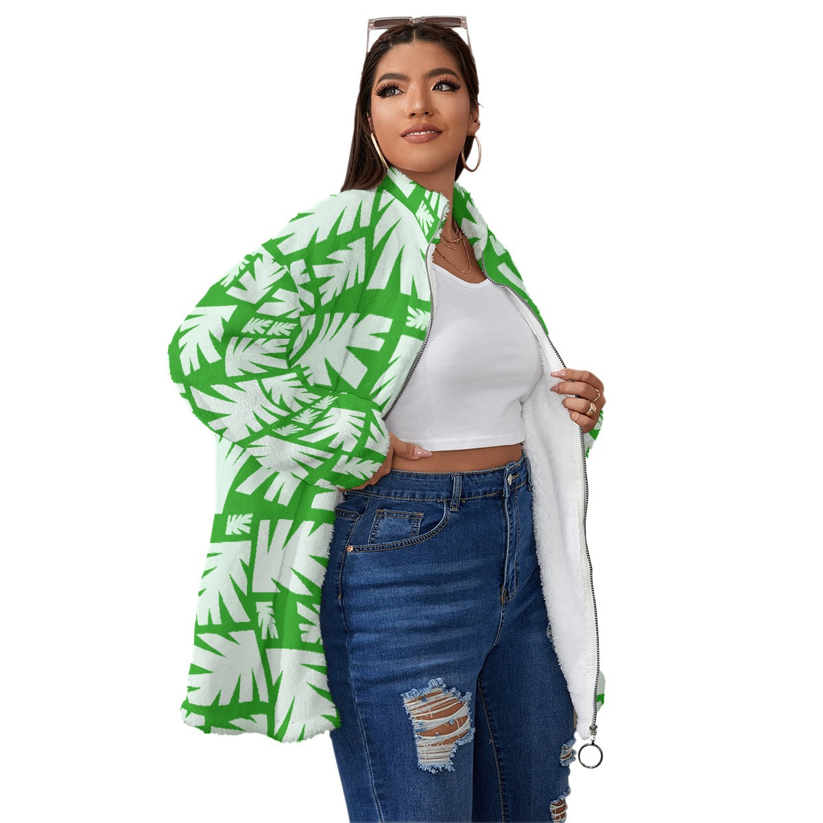 All-Over Print Unisex Borg Fleece Stand-up Collar Coat With Zipper Closure(Plus Size)