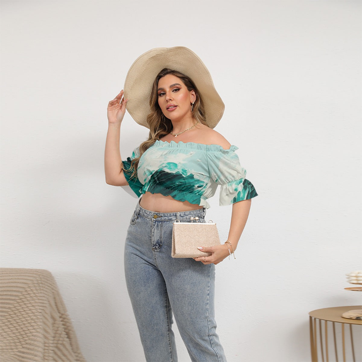 All-Over Print Women's Off-shoulder Cropped Top With Short Puff Sleeve