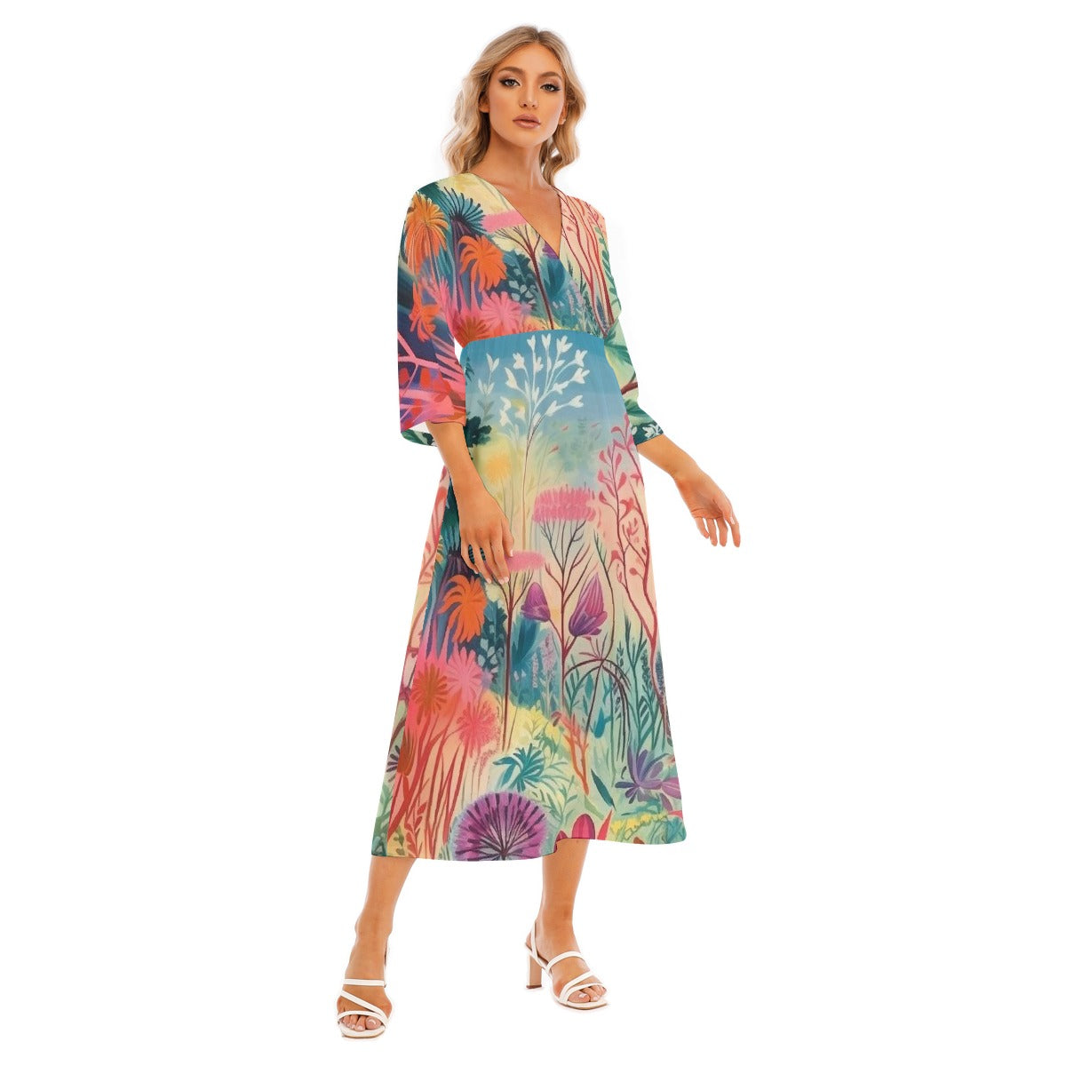 All-Over Print Women's Mid-Sleeve Long Dress