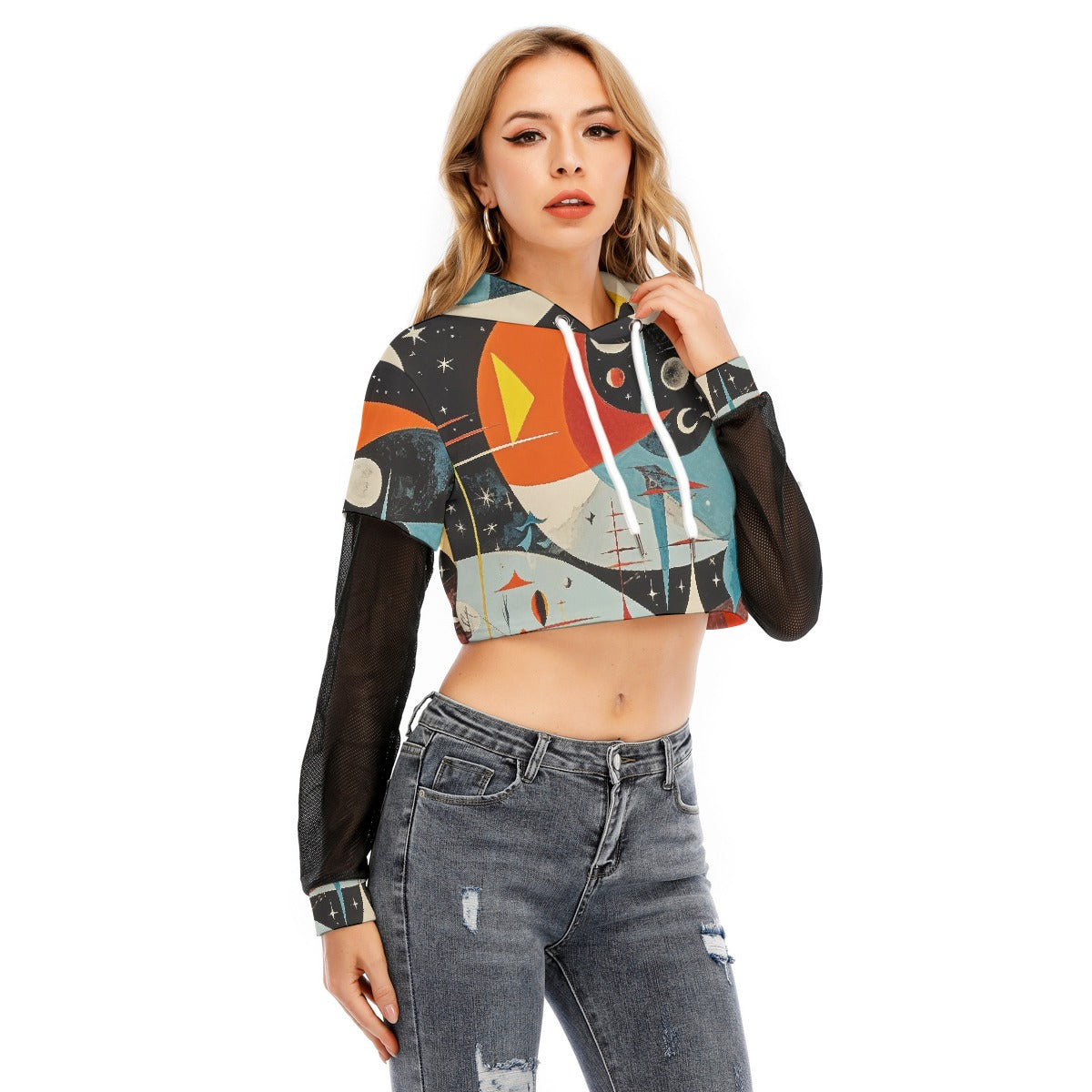 All-Over Print Women's Fake Two-piece Mesh Sleeve Cropped Hoodie