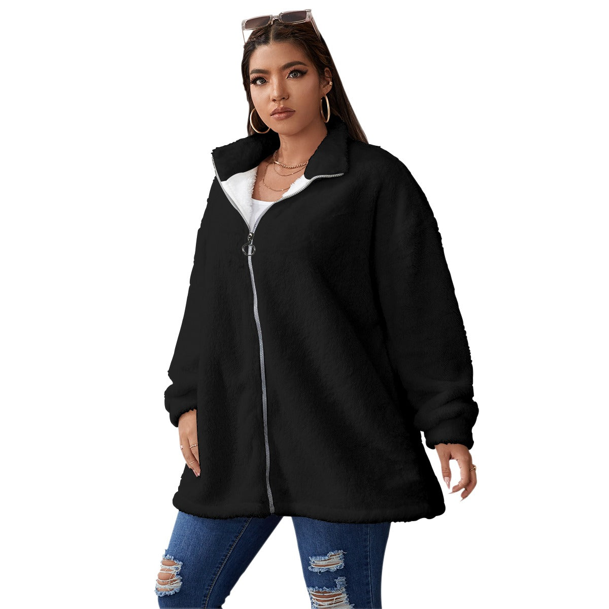 All-Over Print Unisex Borg Fleece Stand-up Collar Coat With Zipper Closure(Plus Size)