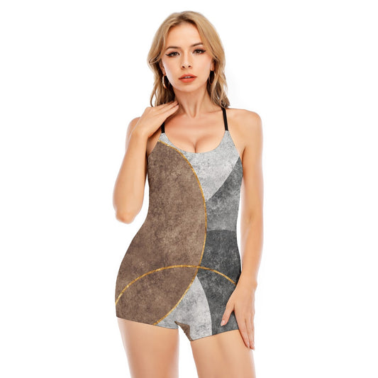 All-Over Print Women's Backless Romper With Black Straps