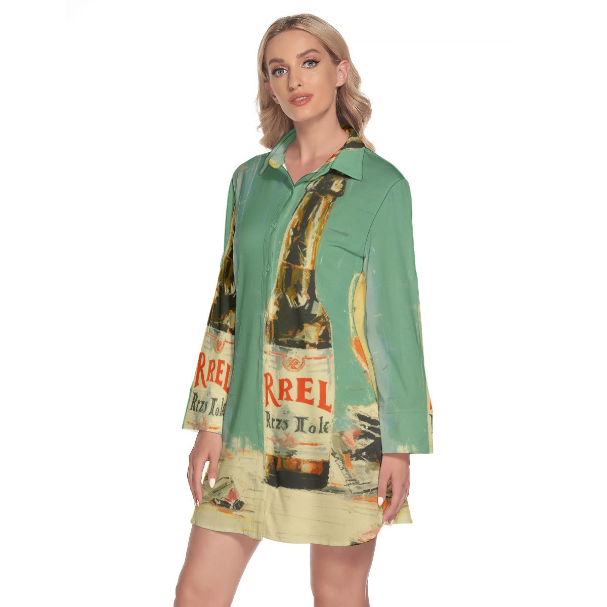 All-Over Print Women's Lapel Shirt Dress With Long Sleeve