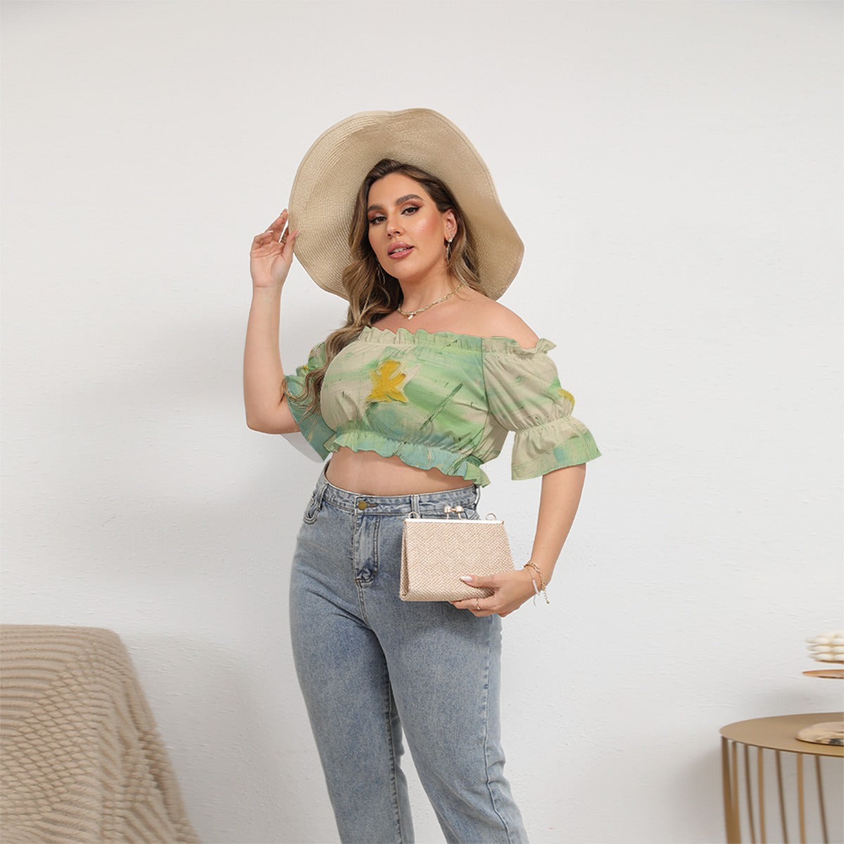 All-Over Print Women's Off-shoulder Cropped Top With Short Puff Sleeve