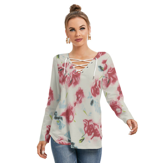All-Over Print Women's Long Sleeve Neckline Tie Sweatshirt
