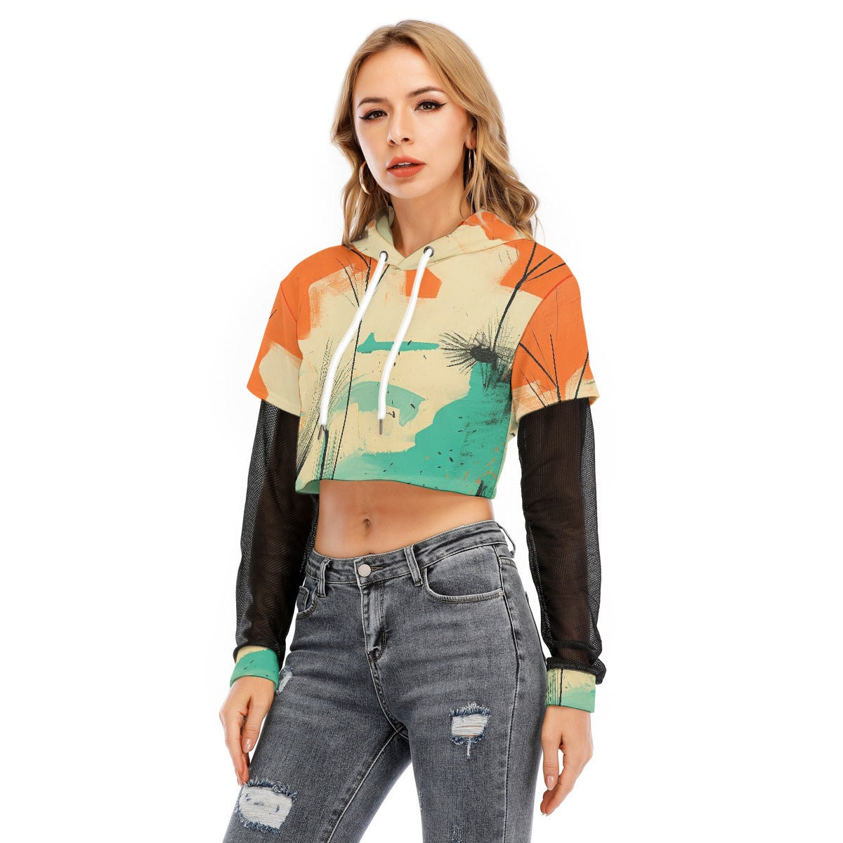 All-Over Print Women's Fake Two-piece Mesh Sleeve Cropped Hoodie
