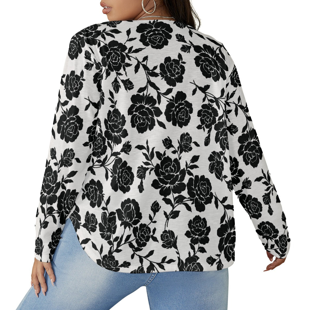 All-Over Print Women's V-neck T-shirt With Curved Hem(Plus Size)