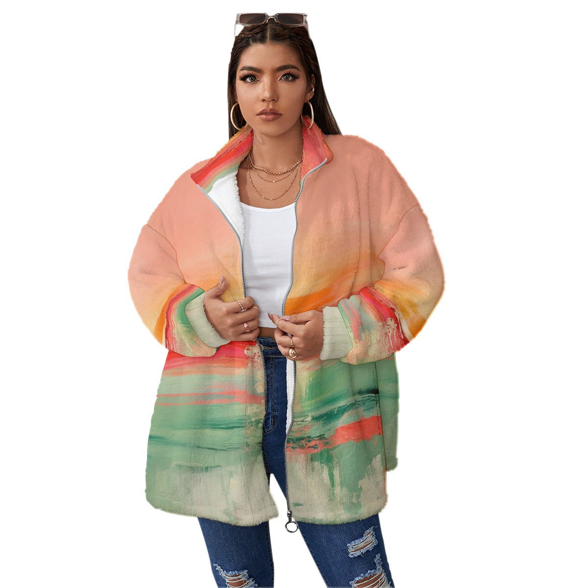 All-Over Print Unisex Borg Fleece Stand-up Collar Coat With Zipper Closure(Plus Size)