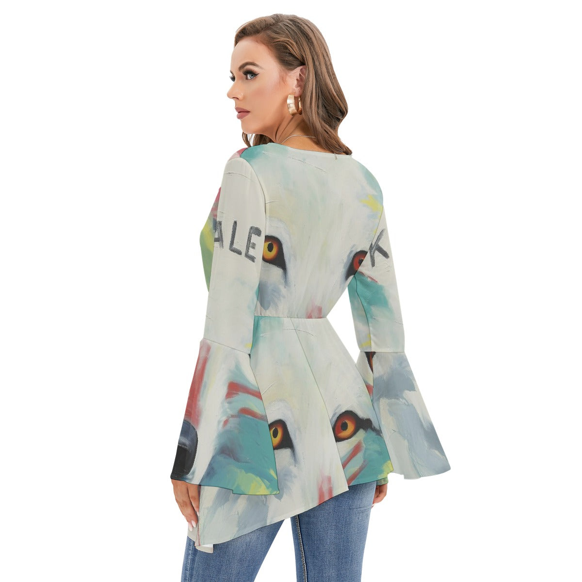All-Over Print Women's V-neck Blouse With Flared Sleeves
