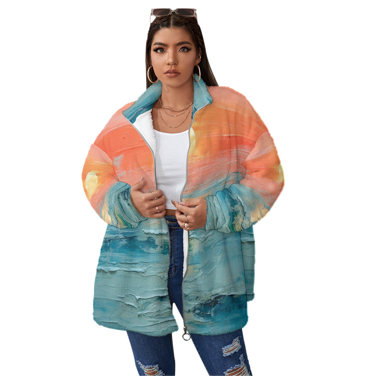 All-Over Print Unisex Borg Fleece Stand-up Collar Coat With Zipper Closure(Plus Size)