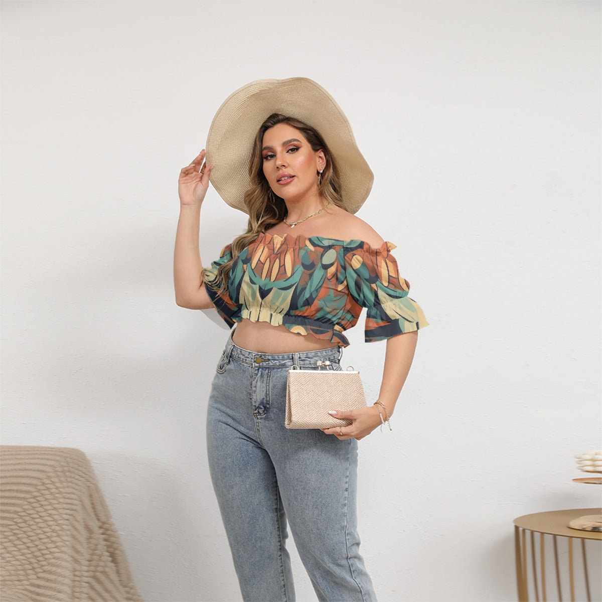 All-Over Print Women's Off-shoulder Cropped Top With Short Puff Sleeve